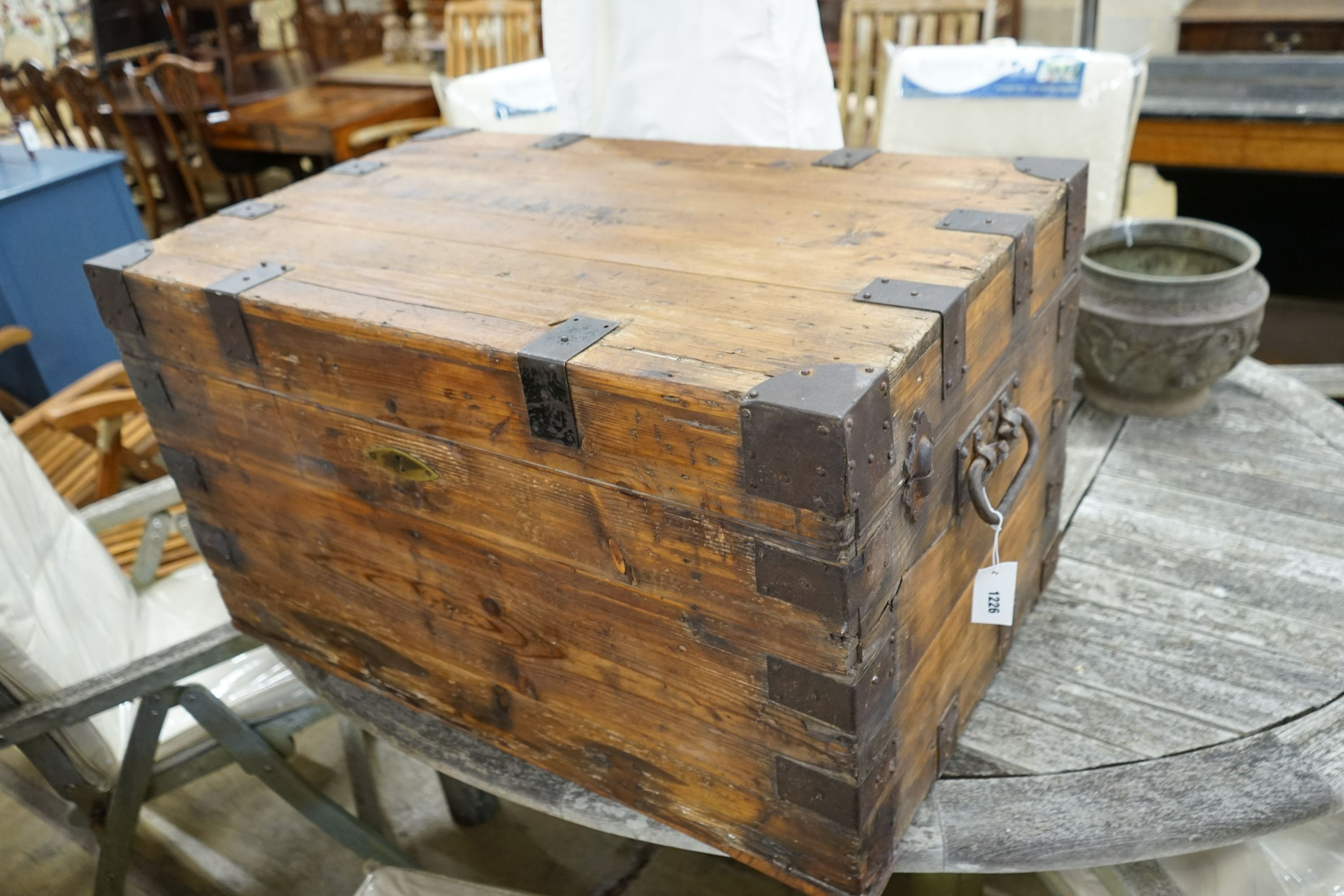 A Victorian iron bound pine trunk, length 92cm, depth 57cm, height 53cm